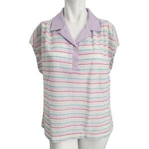 Marty Gutmacher Vintage 70s Blue White Collared Blouse Sz Medium Womens Open Kni